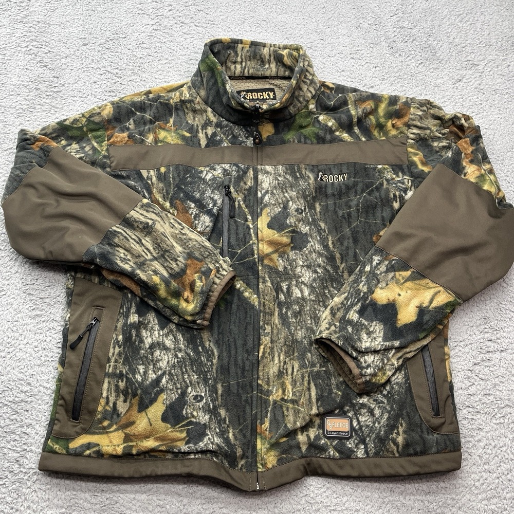 Rocky 3-Layer Camo Fleece Full‎ Zip Jacket Mens XL Brown Zipper Compass GorpCore